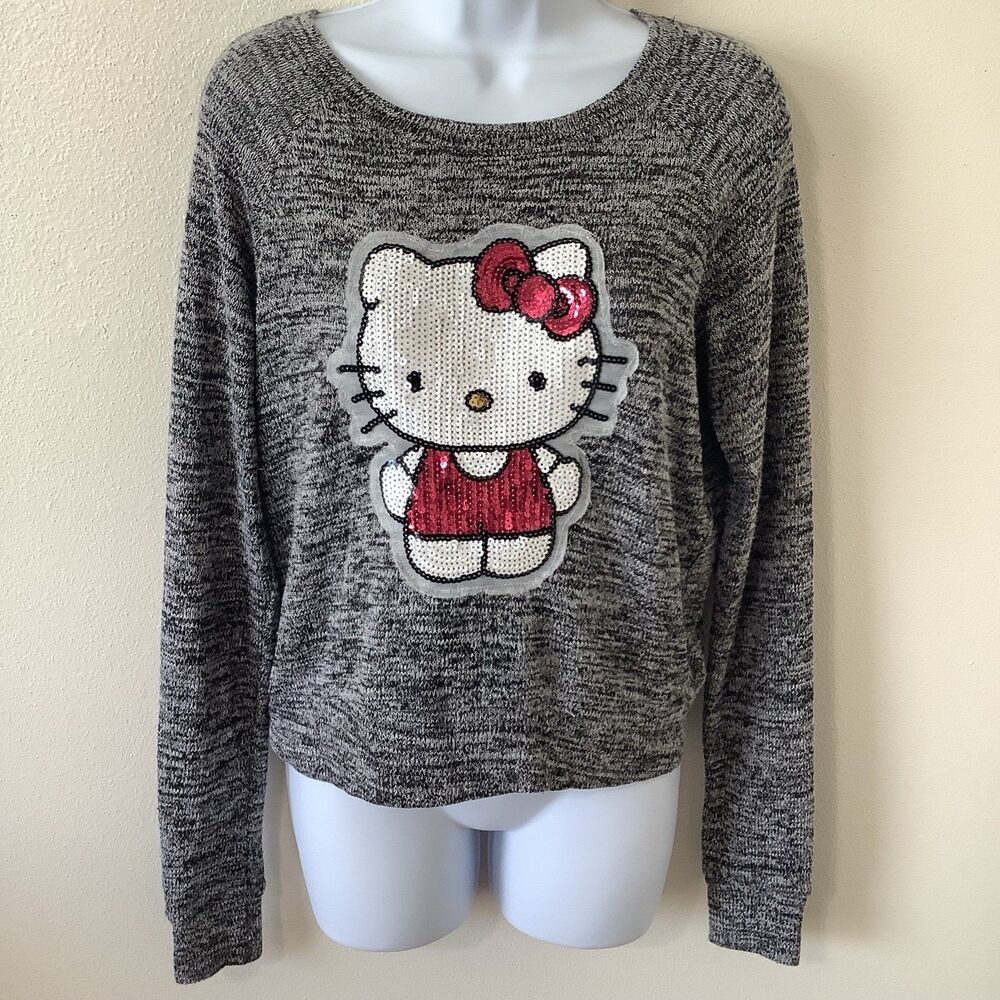 Hello Kitty Sequin Grey McBling Sanrio Kawaii Cutecore Lightweight Sweater Small